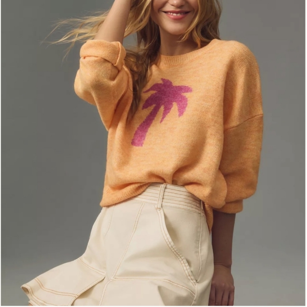 SUNDRY PALM TREE ORANGE AND PINK SWEATER SIZE SMALL WOOL LIKE NEW